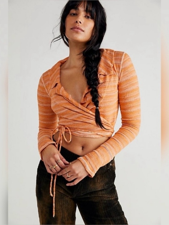 Free People Tops - Free People Striped Orange Wrap Crop Top with Ruffle V-Neck
